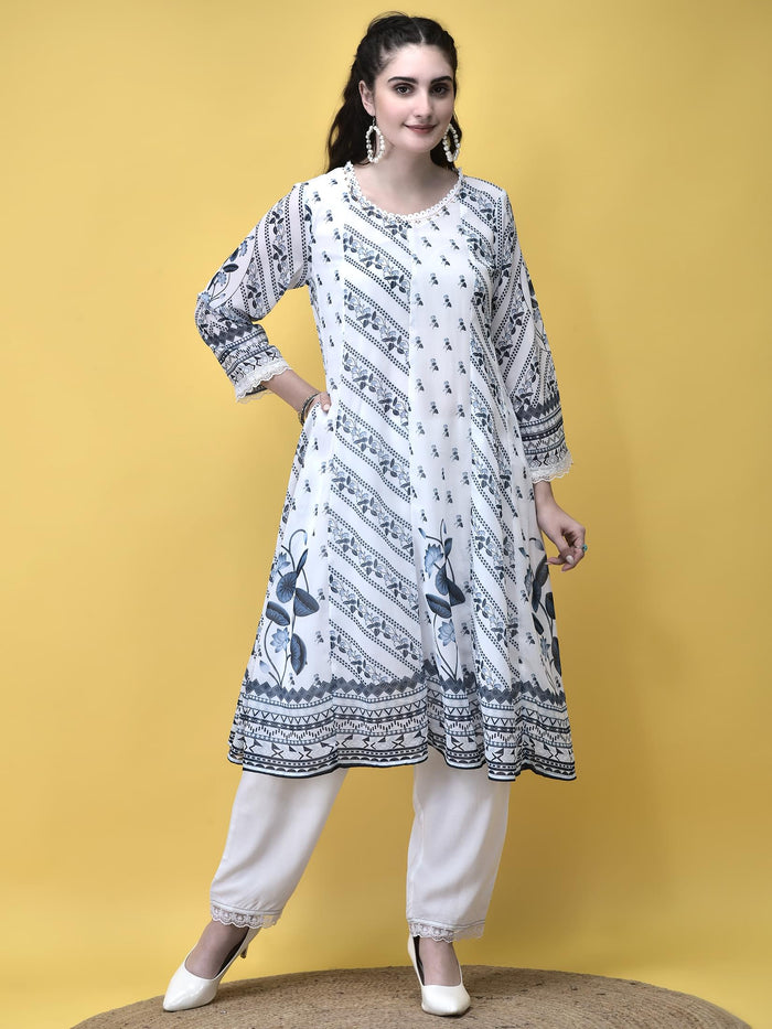 Women Georgette White and Navy Floral Print Kurta Trouser Dupatta.