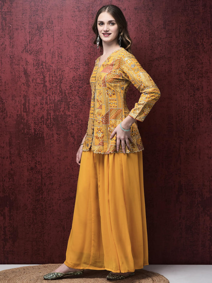Women Georgette Yellow Embroidered Kurta With Flared Split Pant.