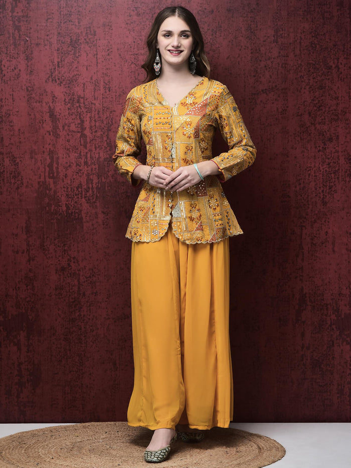 Women Georgette Yellow Embroidered Kurta With Flared Split Pant.