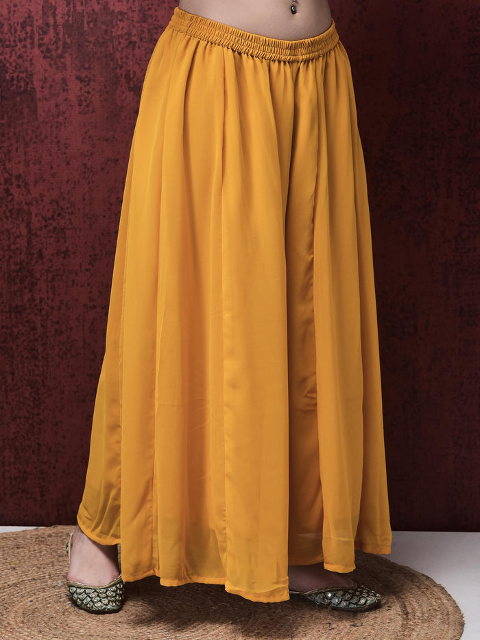 Women Georgette Yellow Embroidered Kurta With Flared Split Pant.