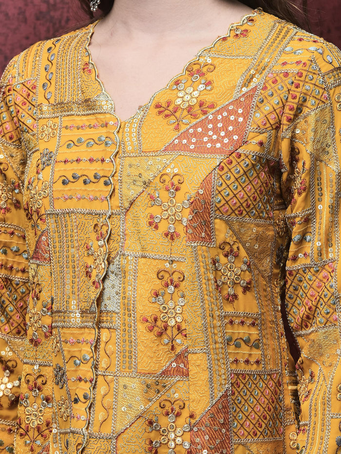 Women Georgette Yellow Embroidered Kurta With Flared Split Pant.