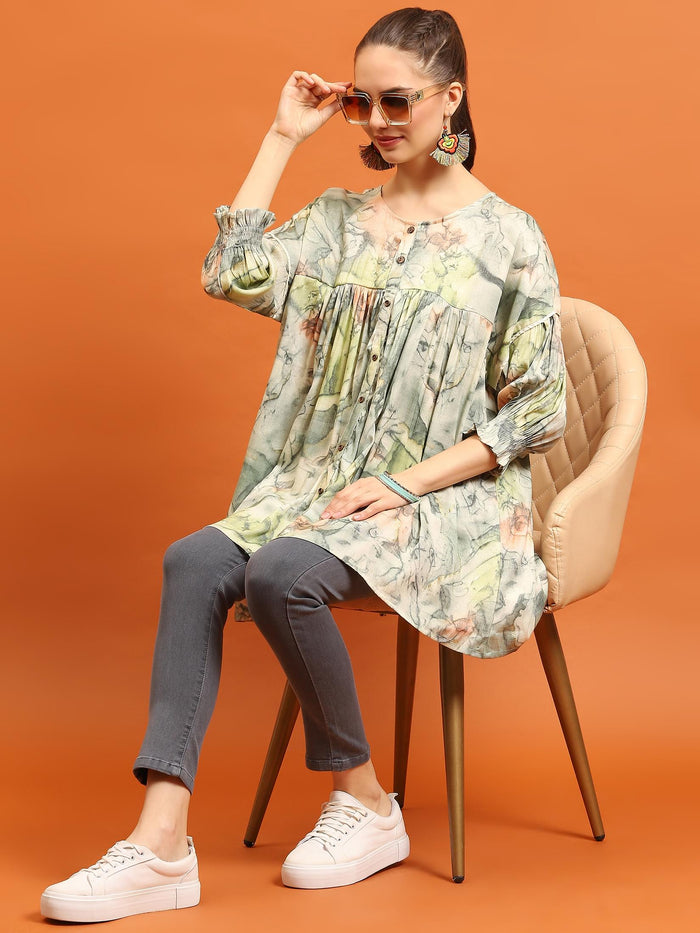 Women Green Abstract Boxy Fit Tunic.