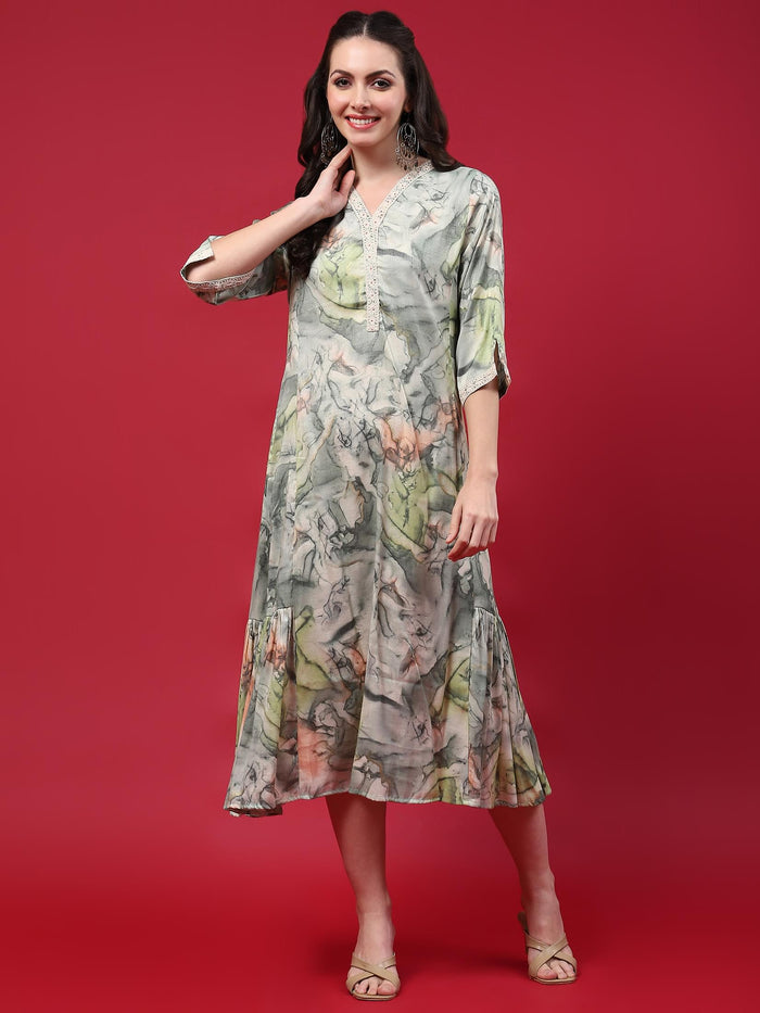 Women Green Abstract Printed Dress.