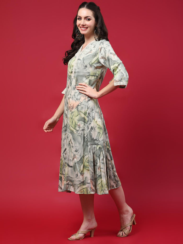 Women Green Abstract Printed Dress.