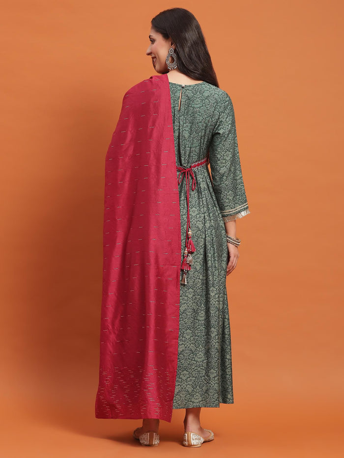 Women Green Embroidered Dress With Dupatta.