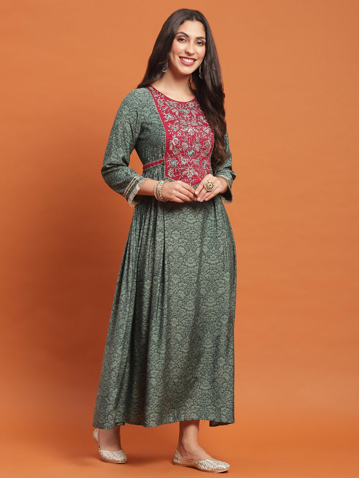 Women Green Embroidered Dress With Dupatta.