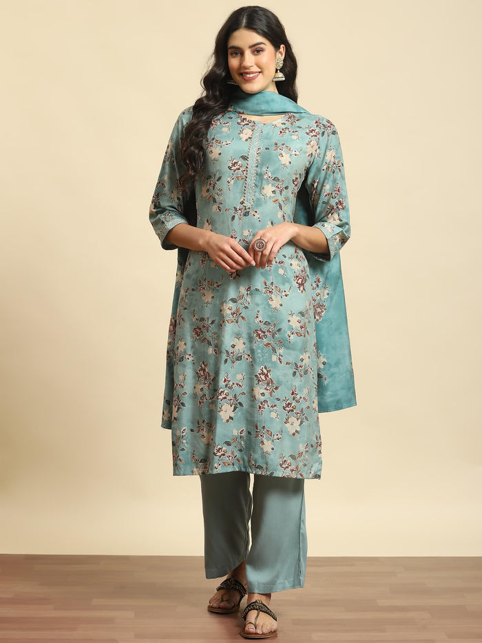 Women Green Floral Print Kurta Comfort Pant Dupatta.
