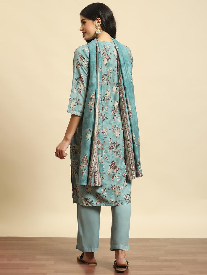 Women Green Floral Print Kurta Comfort Pant Dupatta.