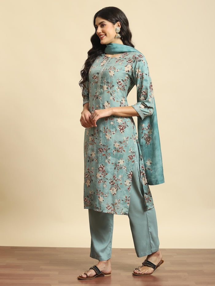 Women Green Floral Print Kurta Comfort Pant Dupatta.