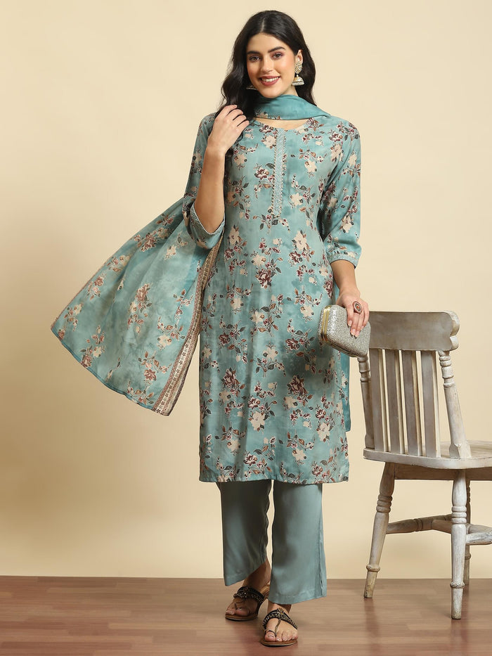 Women Green Floral Print Kurta Comfort Pant Dupatta.