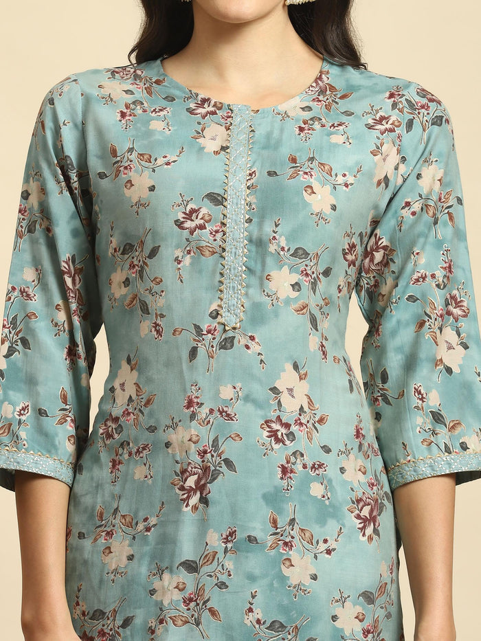 Women Green Floral Print Kurta Comfort Pant Dupatta.