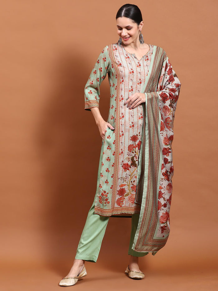 Women Green Floral Print Kurta Trouser Dupatta.