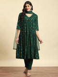 Women Green Floral Print Kurta Trouser Dupatta.