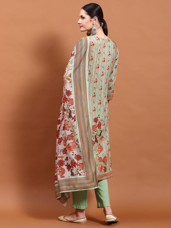 Women Green Floral Print Kurta Trouser Dupatta.