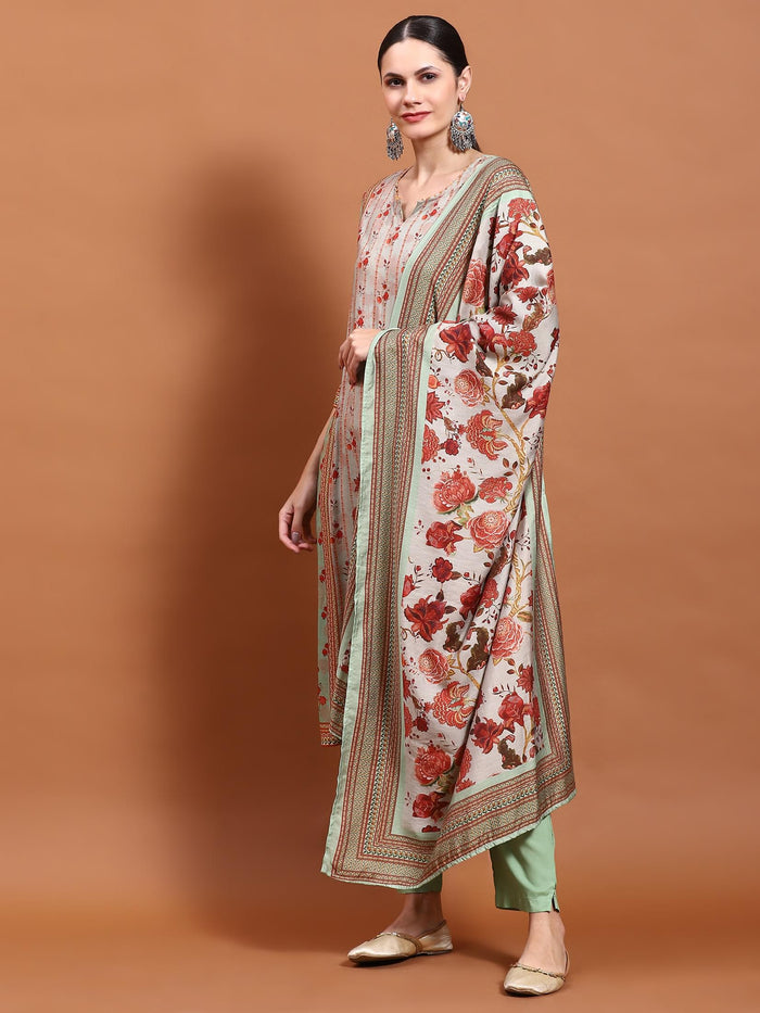 Women Green Floral Print Kurta Trouser Dupatta.