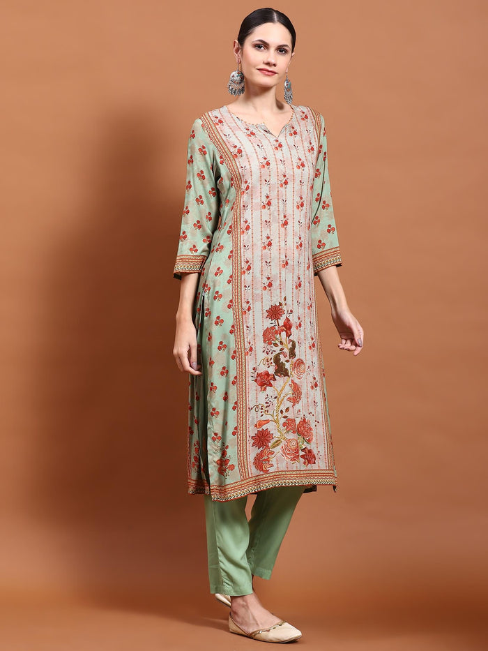 Women Green Floral Print Kurta Trouser Dupatta.