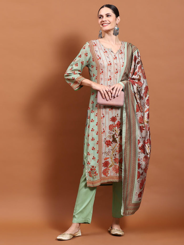 Women Green Floral Print Kurta Trouser Dupatta.