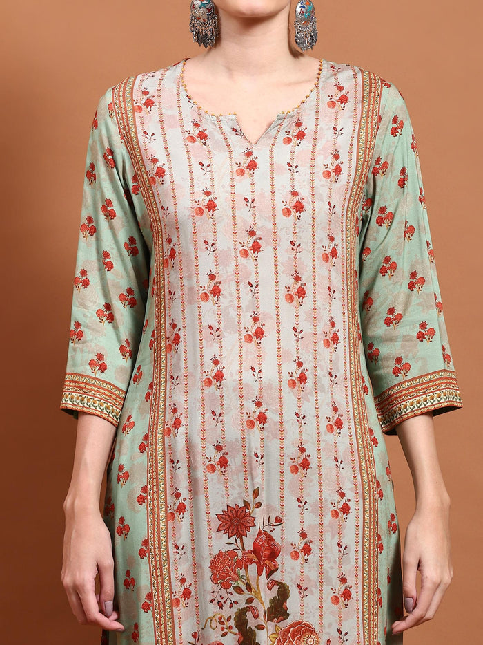 Women Green Floral Print Kurta Trouser Dupatta.