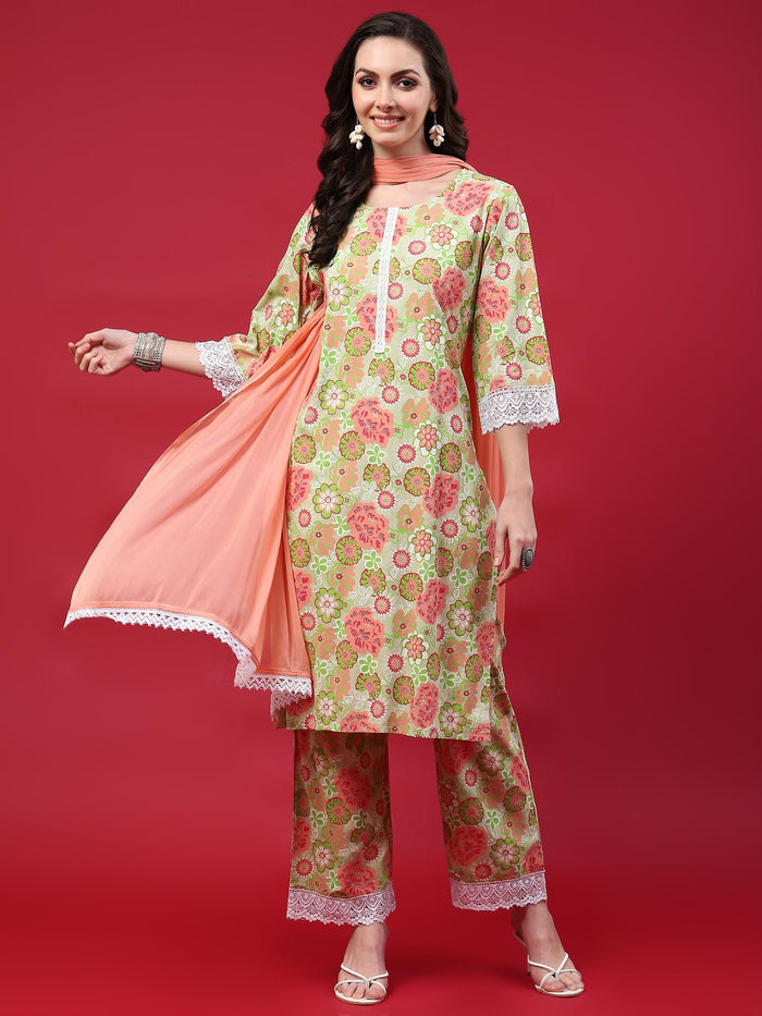 Women Green Floral Printed Kurta Comfort Pant Dupatta.