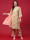 Women Green Floral Printed Kurta Comfort Pant Dupatta.