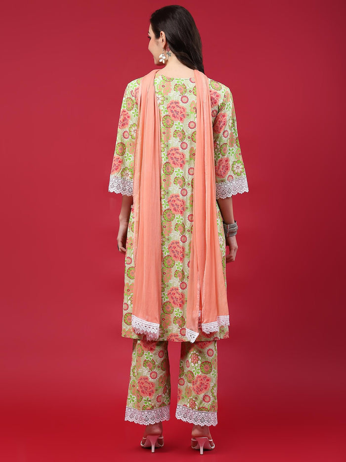Women Green Floral Printed Kurta Comfort Pant Dupatta.