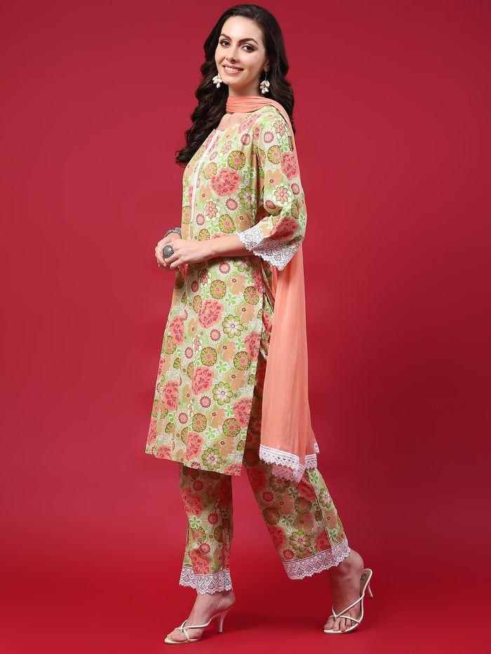 Women Green Floral Printed Kurta Comfort Pant Dupatta.