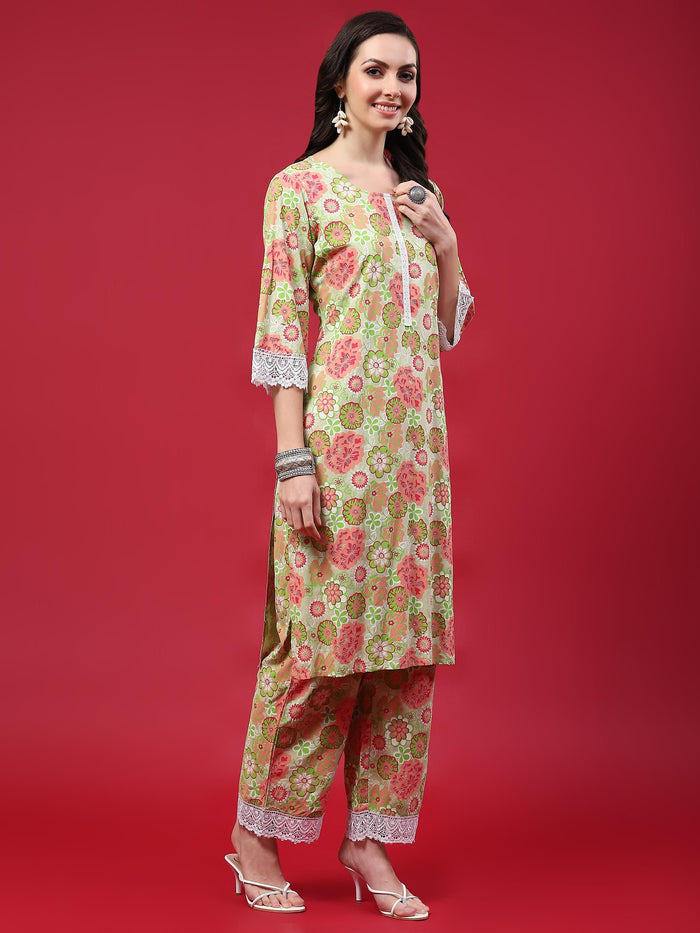 Women Green Floral Printed Kurta Comfort Pant Dupatta.