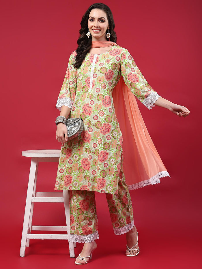 Women Green Floral Printed Kurta Comfort Pant Dupatta.