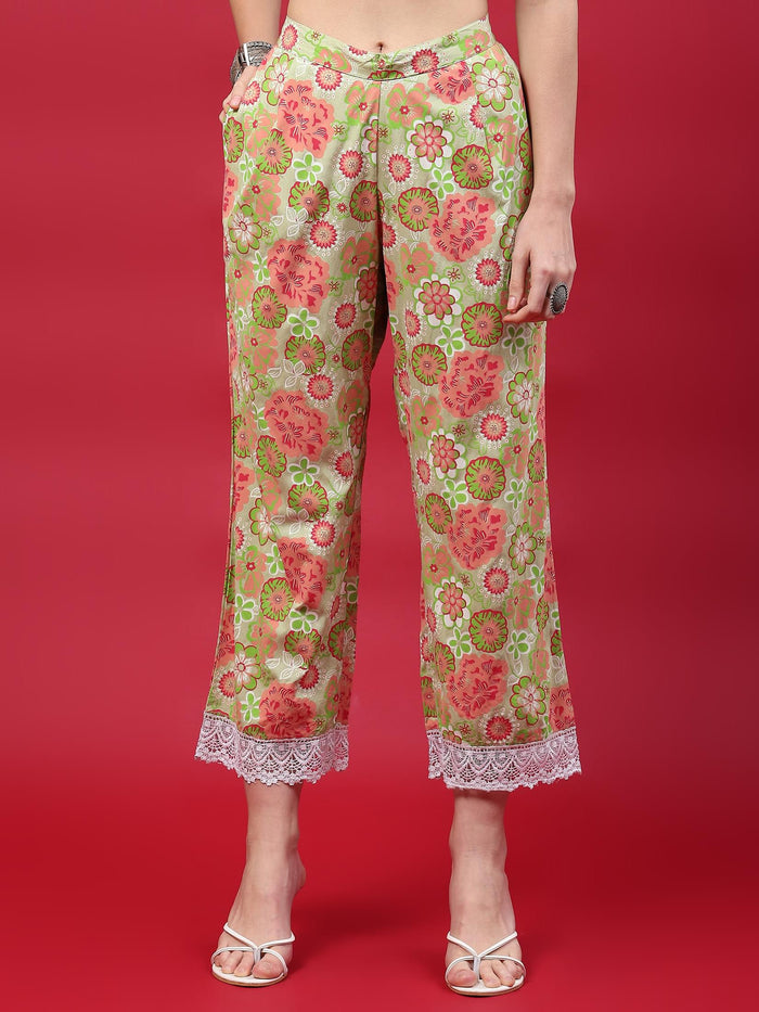 Women Green Floral Printed Kurta Comfort Pant Dupatta.