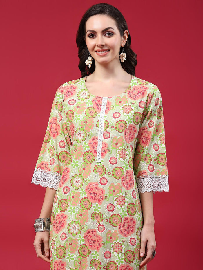 Women Green Floral Printed Kurta Comfort Pant Dupatta.