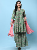 Women Green Floral Printed Kurta Sharara Dupatta.