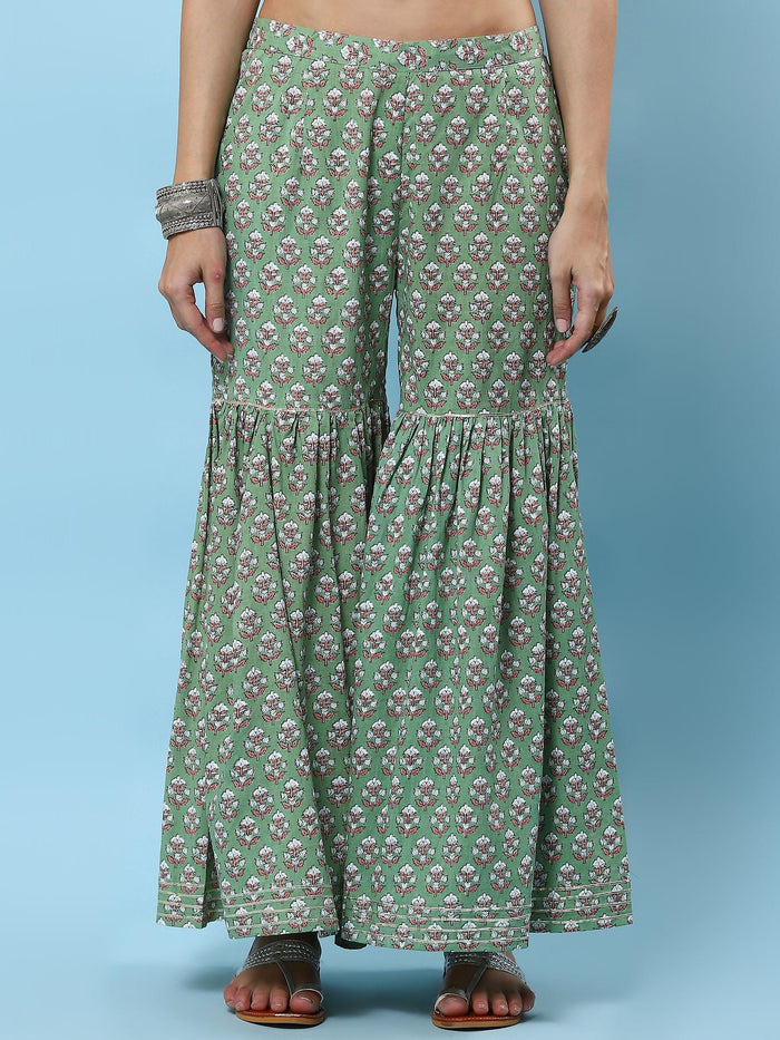 Women Green Floral Printed Kurta Sharara Dupatta.