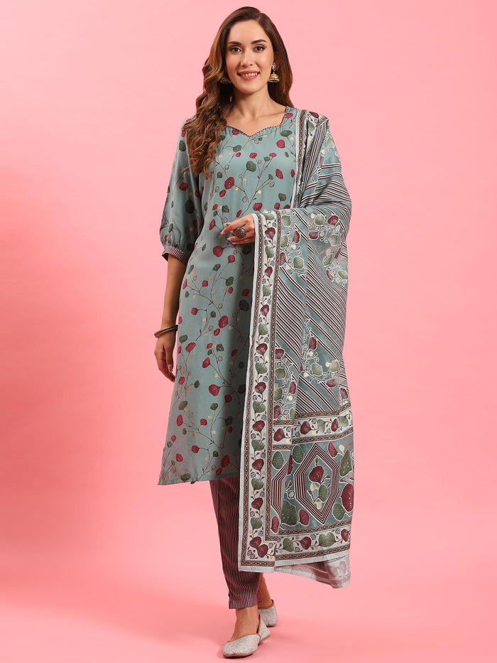 Women Green Floral Printed Kurta Trouser Dupatta.