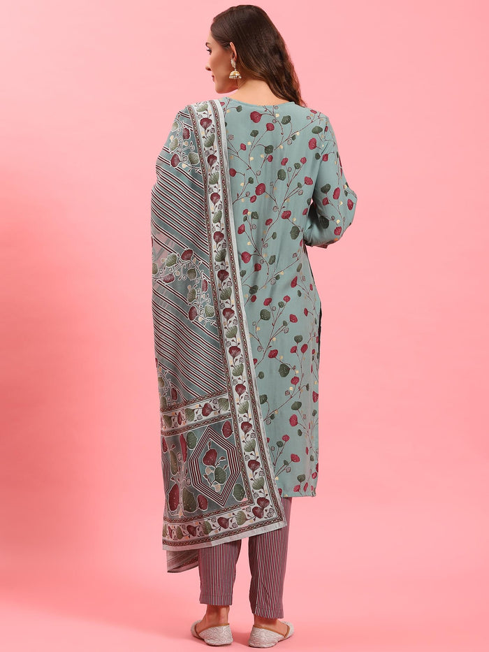 Women Green Floral Printed Kurta Trouser Dupatta.