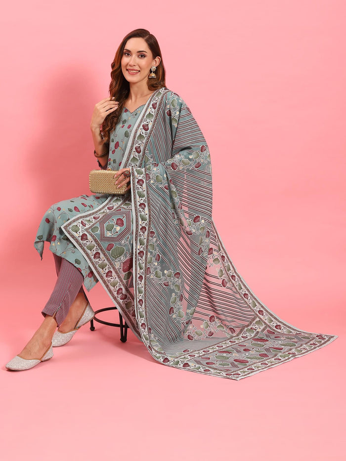 Women Green Floral Printed Kurta Trouser Dupatta.