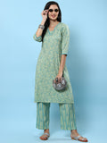 Women Green Floral Printed Kurta With Comfort Pant.