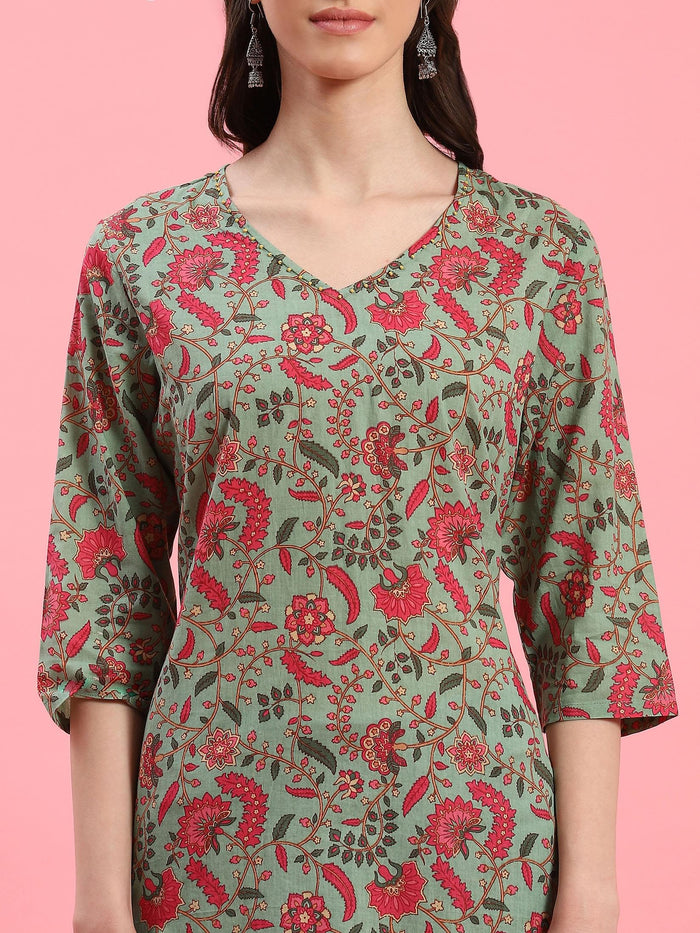 Women Green Floral Printed Kurti.