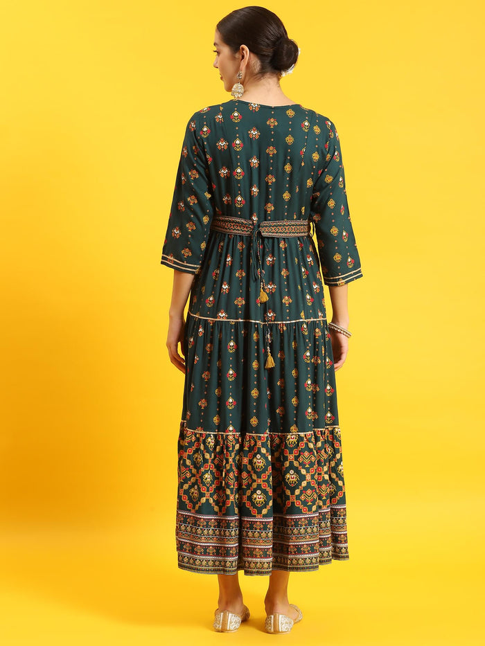 Women Green Geometric Print Dress.