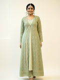 Women Green Georgette Embroidered Fit And Flare Dress.