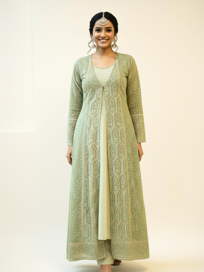 Women Green Georgette Embroidered Fit And Flare Dress.