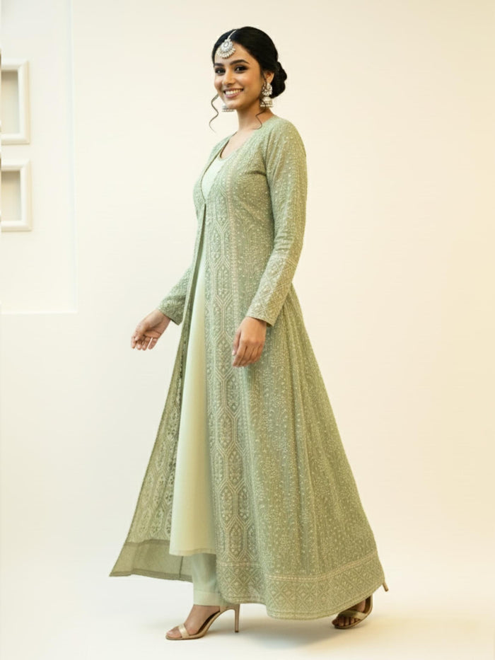 Women Green Georgette Embroidered Fit And Flare Dress.