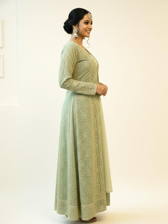 Women Green Georgette Embroidered Fit And Flare Dress.