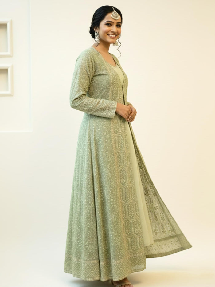 Women Green Georgette Embroidered Fit And Flare Dress.