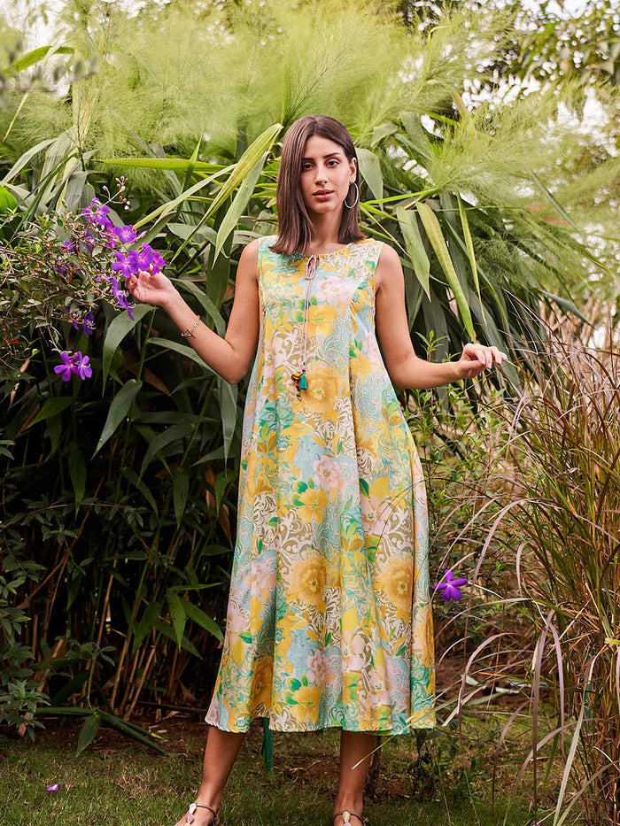 Women Green Multi Liva Rayon Dress.