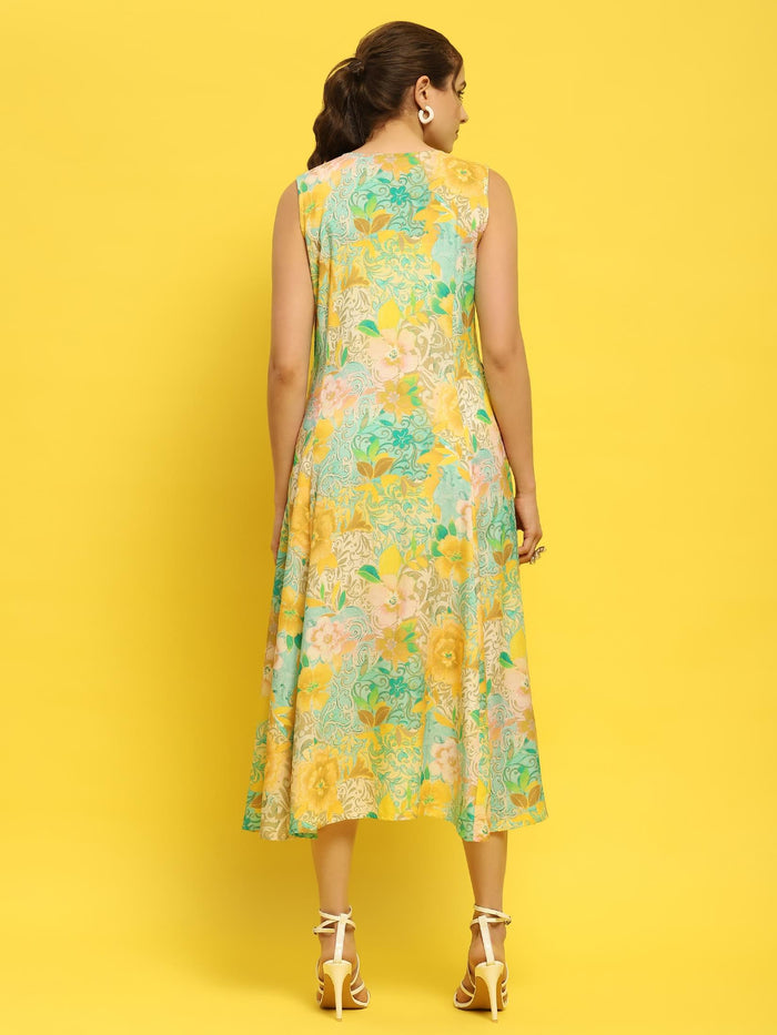 Women Green Multi Liva Rayon Dress.