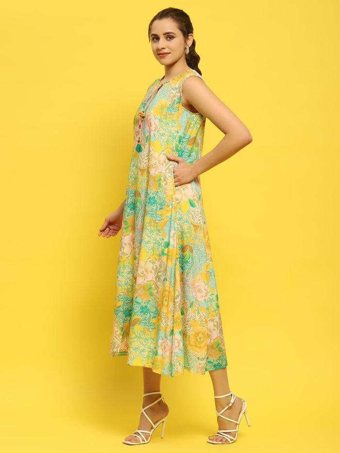 Women Green Multi Liva Rayon Dress.