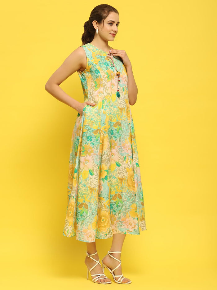 Women Green Multi Liva Rayon Dress.