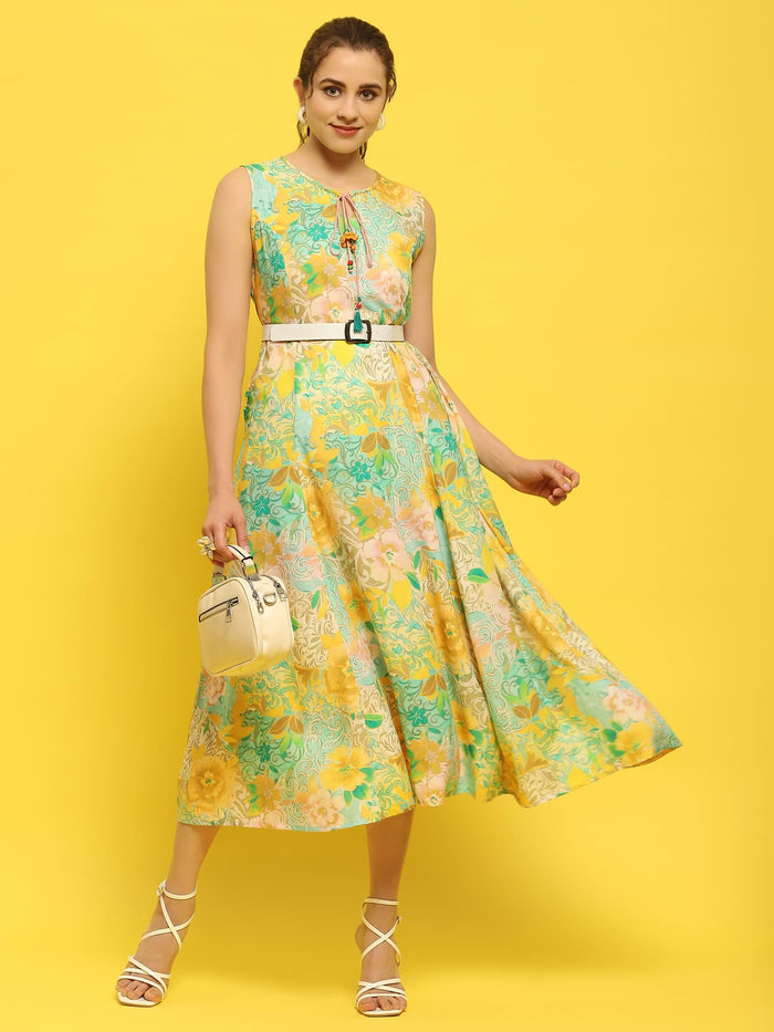 Women Green Multi Liva Rayon Dress.