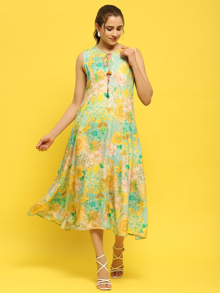 Women Green Multi Liva Rayon Dress.