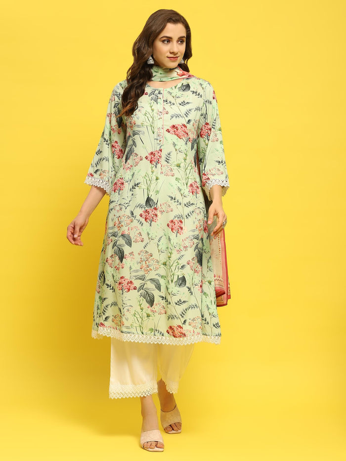 Women Green Multi Liva Rayon Kurta Comfort Pant Dupatta.
